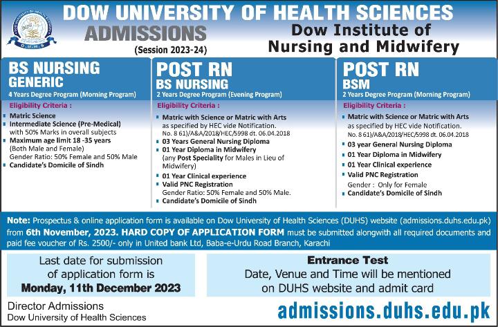 Dow nursing admissions 2023 advertisement